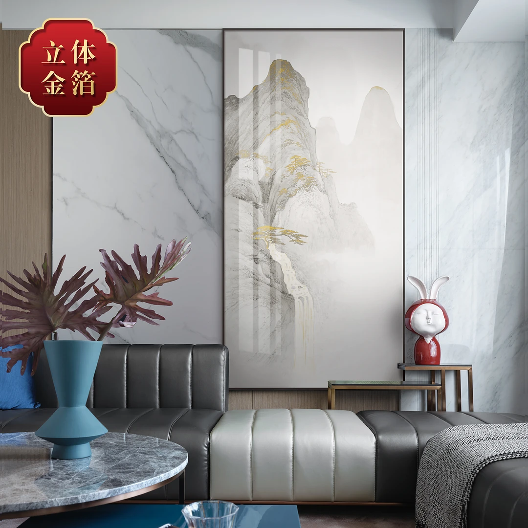 尚小居金箔《高山流水》新中式玄关入户进门装饰画客厅茶室方形挂画