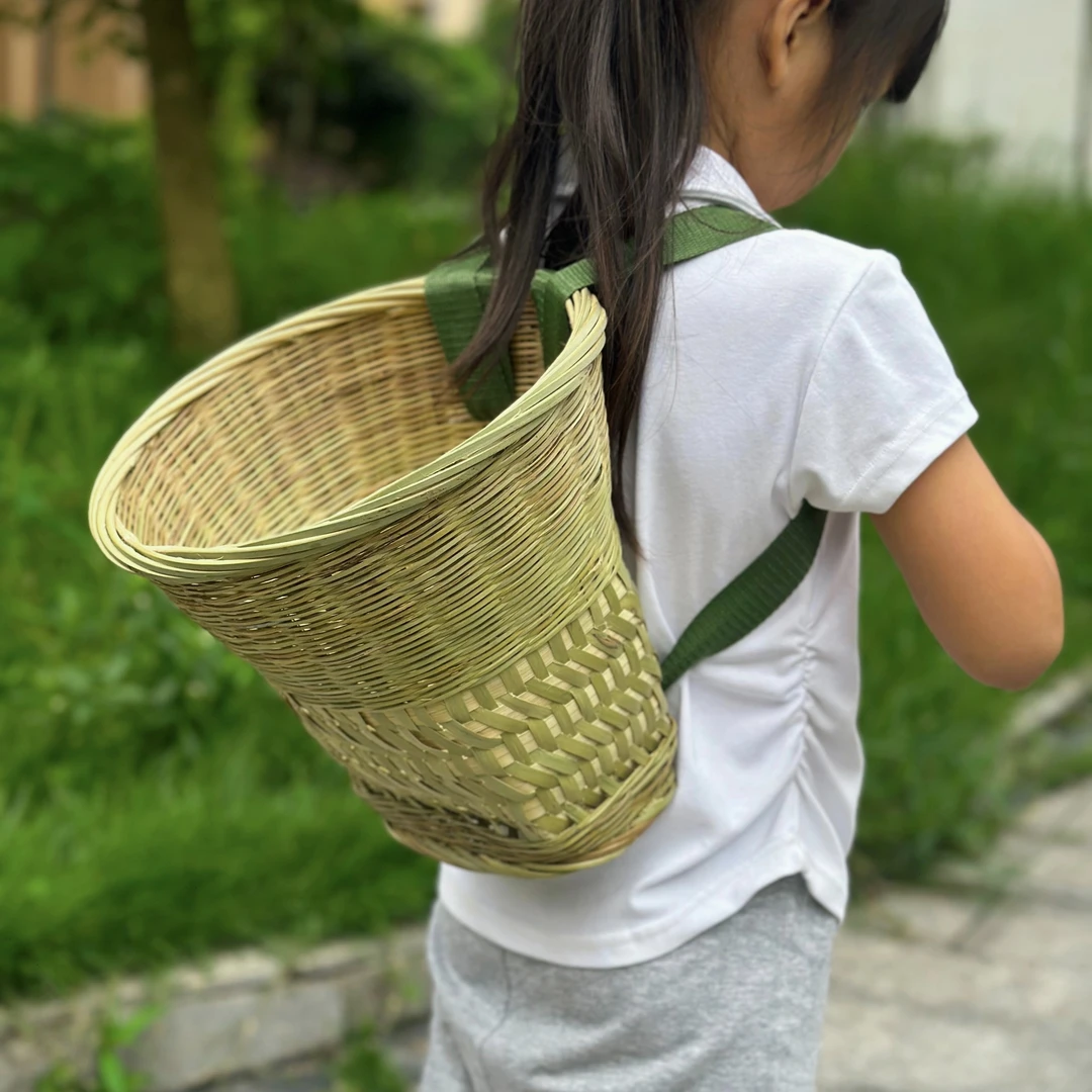 儿童竹编小背篓舞蹈道具圆背篓茶叶采摘竹筐小号特大号加固承重强