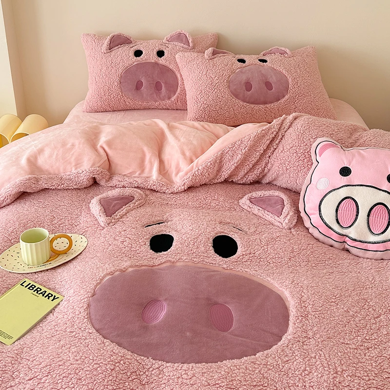 羊羔绒被套四件套可爱粉猪猪秋冬季保暖牛奶绒学生1.2m床单三件套