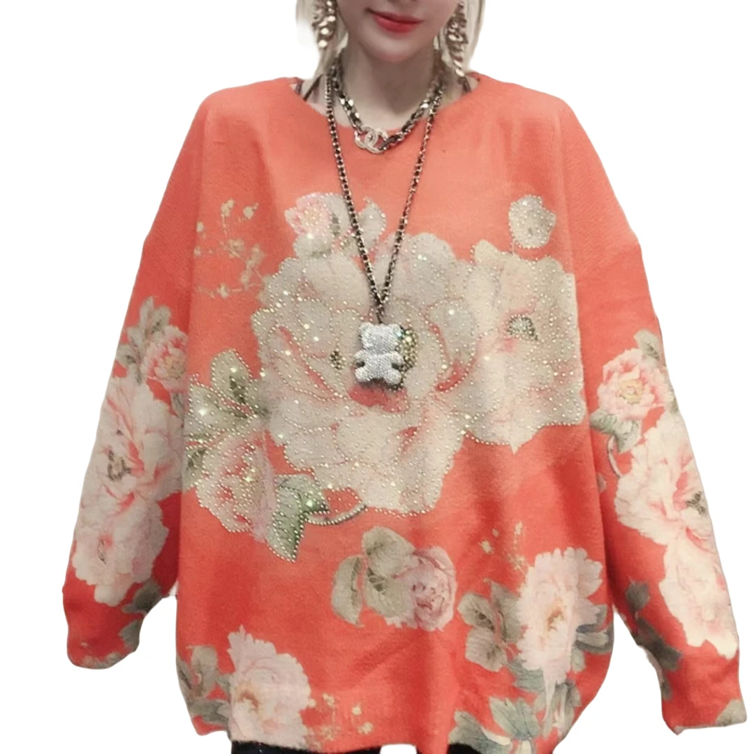 （芙蓉花开）-圆领毛衣【方一贝】-时尚休闲印花烫钻欧货百搭长袖上衣