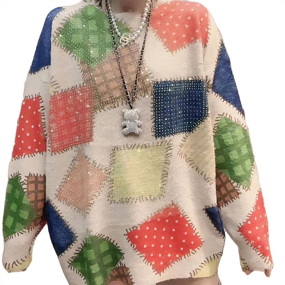 圆领毛衣-（小方块）【方一贝】爆款时尚百搭印花烫钻长袖圆领毛衣000