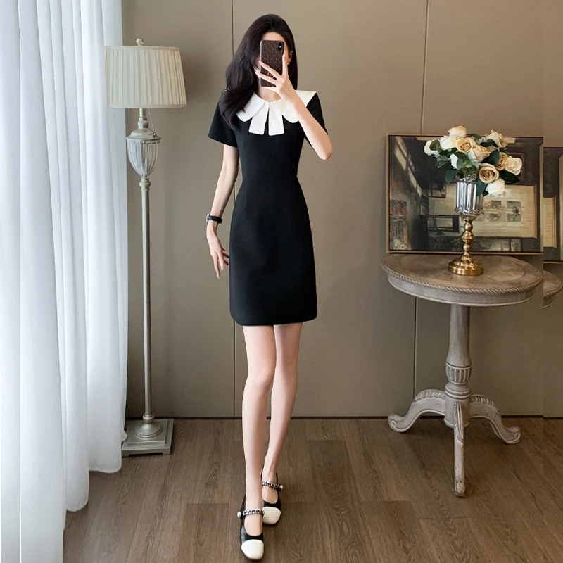 法式女神范拼接连衣裙女夏季新款收腰显瘦高端精致小黑裙短裙气质