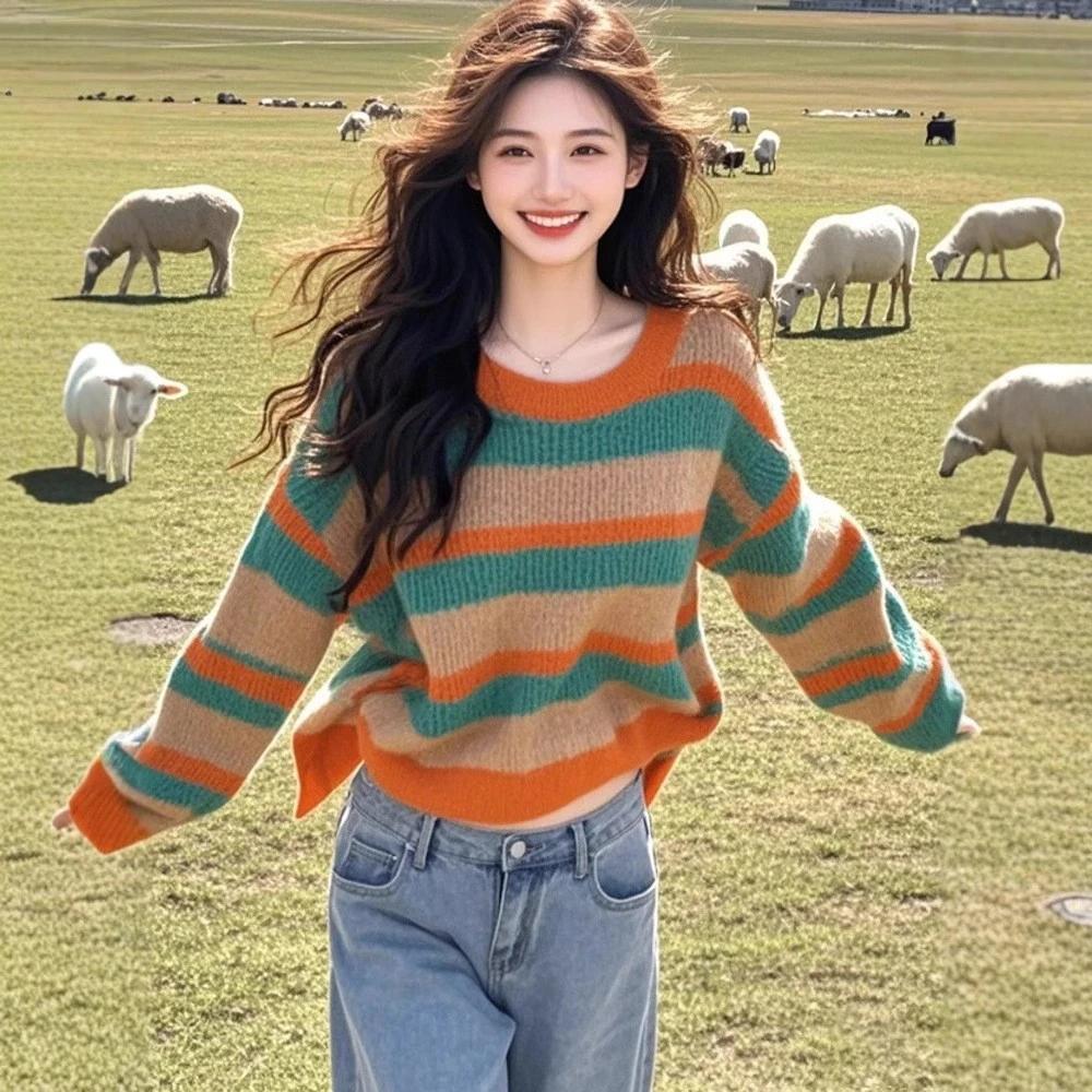 韩版条纹秋冬设计高级感气质显瘦针织衫外穿女上衣红色开衫长袖