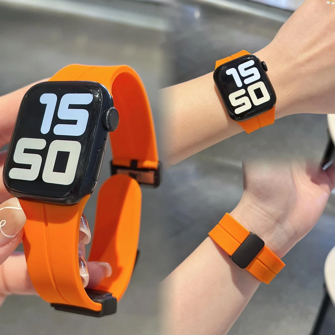 适用Appleiwatch8硅胶表带Ultra7磁吸黑色扣华强北s8手表带蝴蝶扣