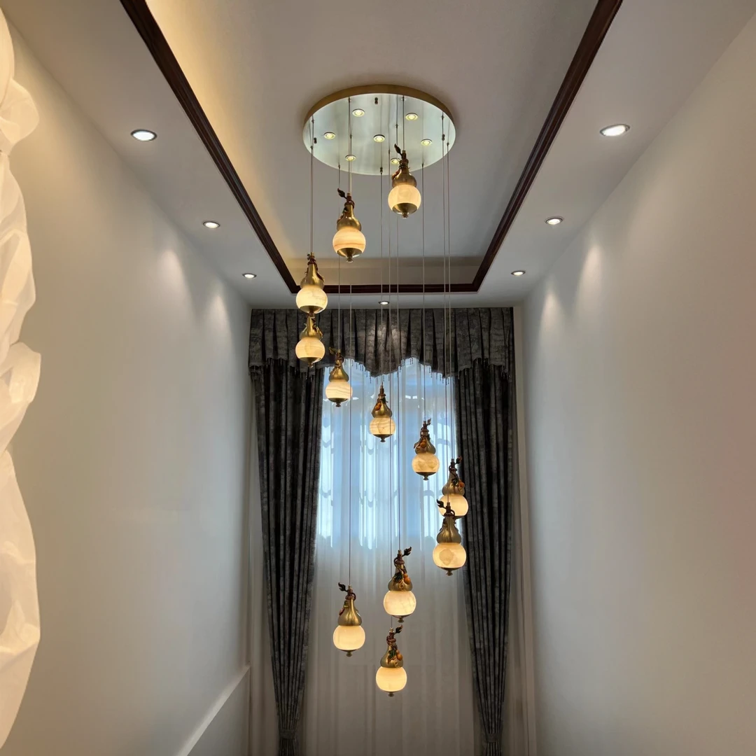 别墅长吊灯新中式复式楼旋转楼梯多头全铜个性禅意自建房灯具