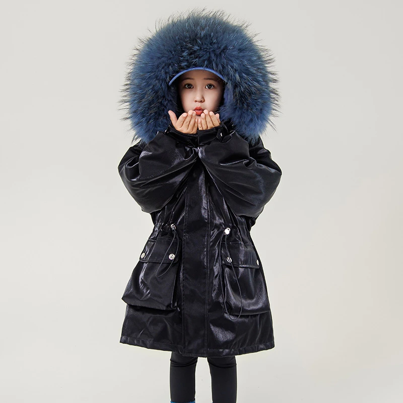 新款儿童派克服男女童装宝宝獭兔毛皮草外套中长款大毛领加厚大衣