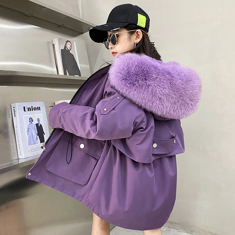 新款儿童皮草外套可拆卸獭兔毛派克服男童女童装宝宝大毛领大衣冬