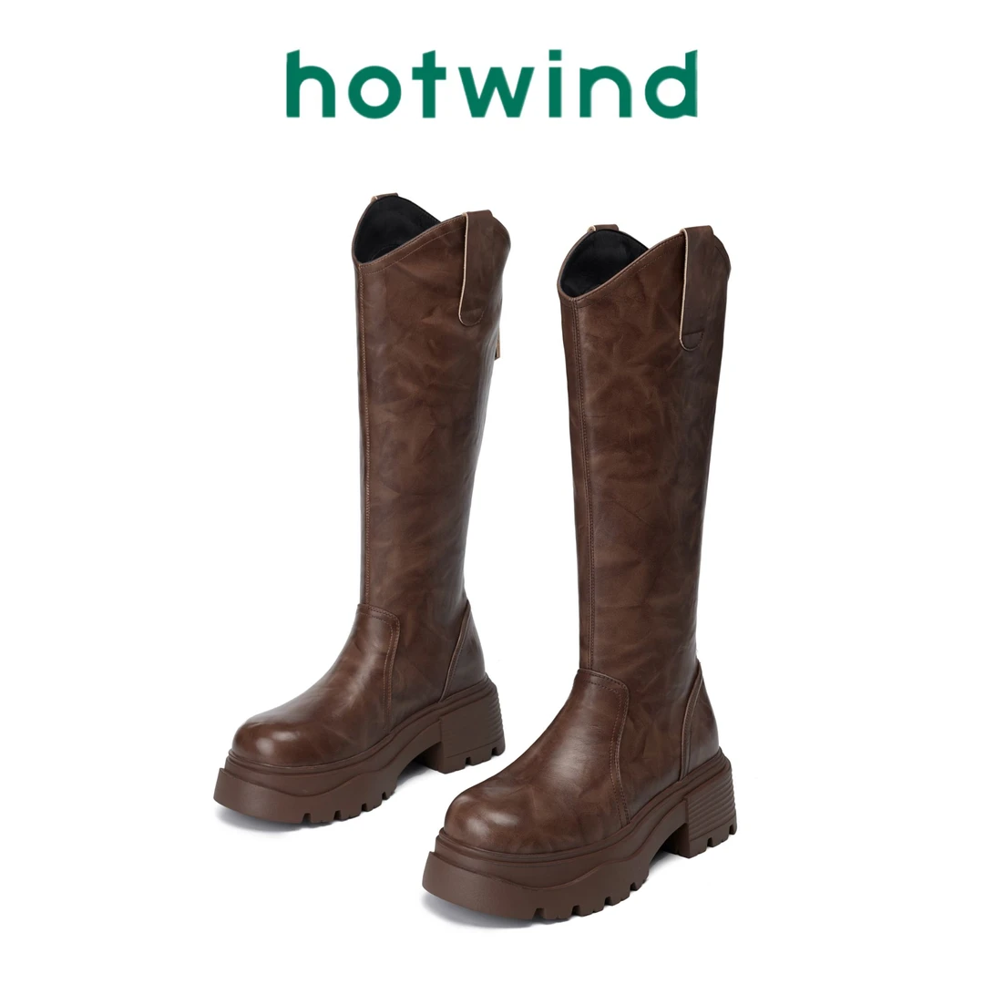 Hotwind/热风时尚百搭休闲长靴2024新款厚底增高时装靴雅丹风穿搭