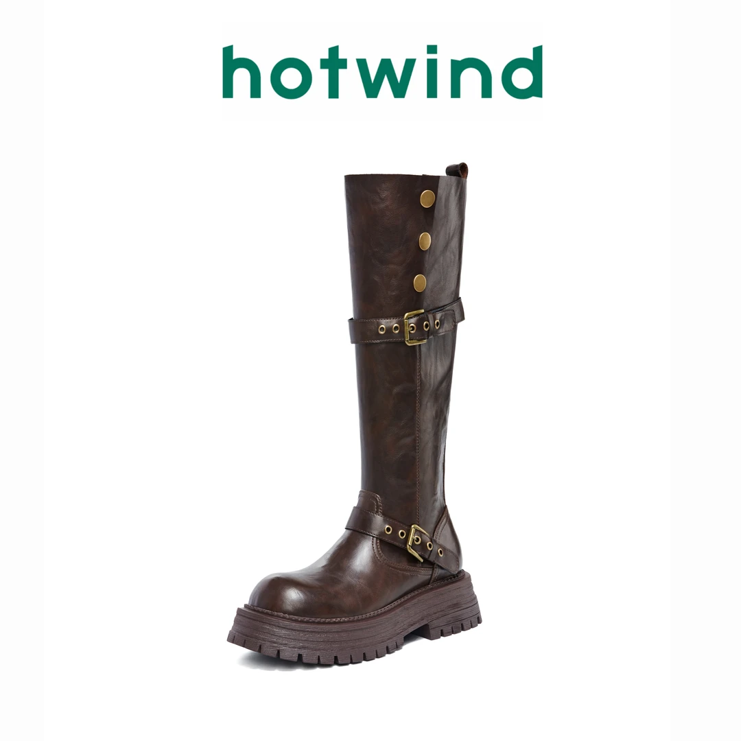 Hotwind/热风时尚百搭休闲长靴2024新款雅丹风穿搭厚底增高时装靴