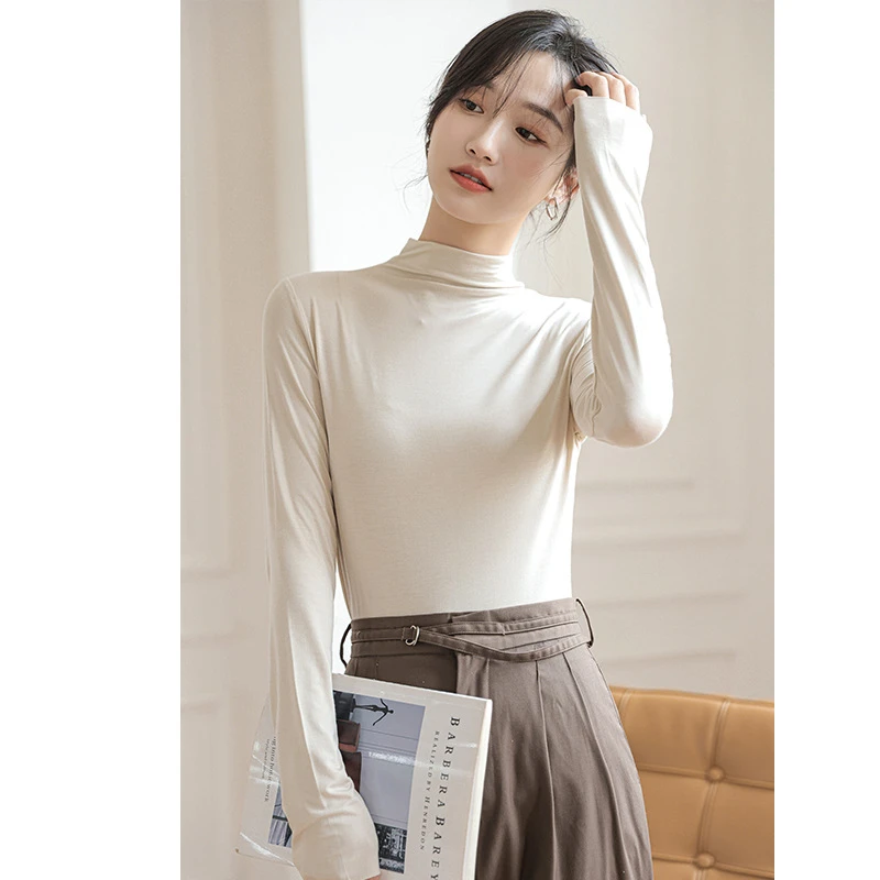 新品莫代尔半高领打底衫女长袖t恤2023秋季新款白色内搭薄款百搭