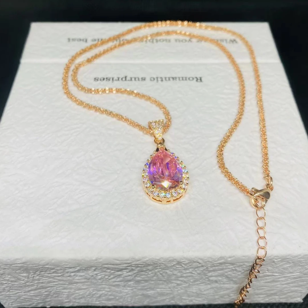 【怦然心动粉爱心项链锁骨链吊坠饰品】闪耀豪镶满钻香槟金色女款