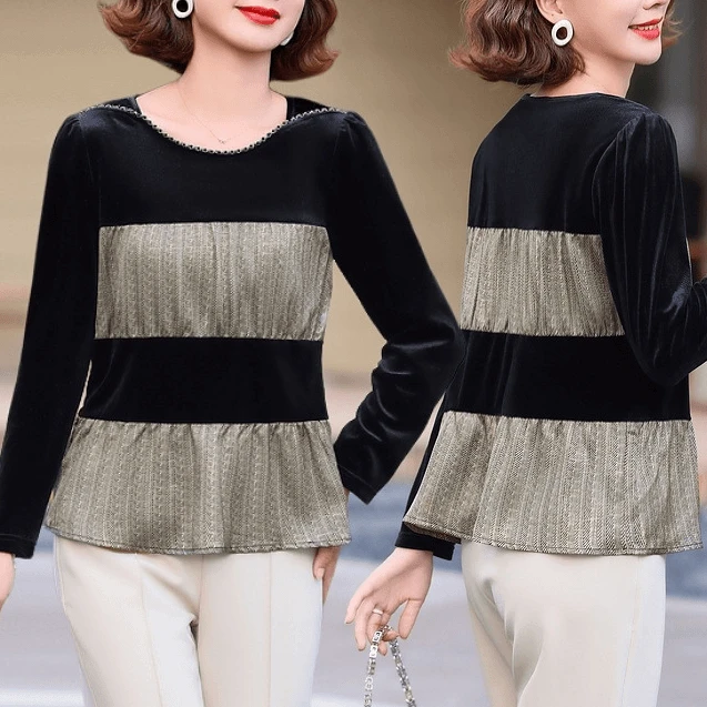 2024新款时尚妈妈装丝绒t恤衫大码春秋季中年女装长袖打底衫洋气