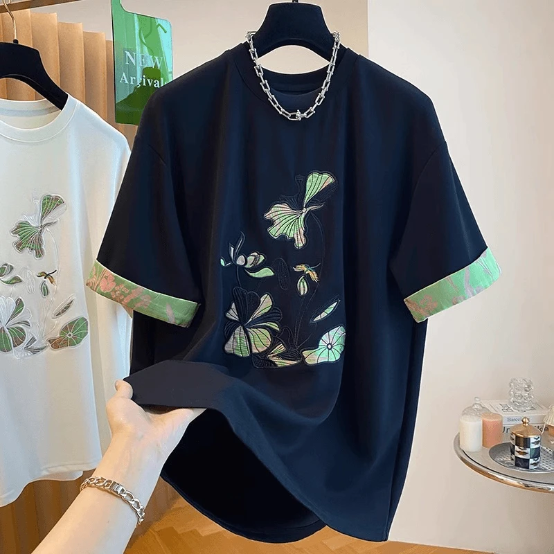 短袖t恤女2025夏季新款胖妹妹宽松设计感小众新中式国风刺绣上衣
