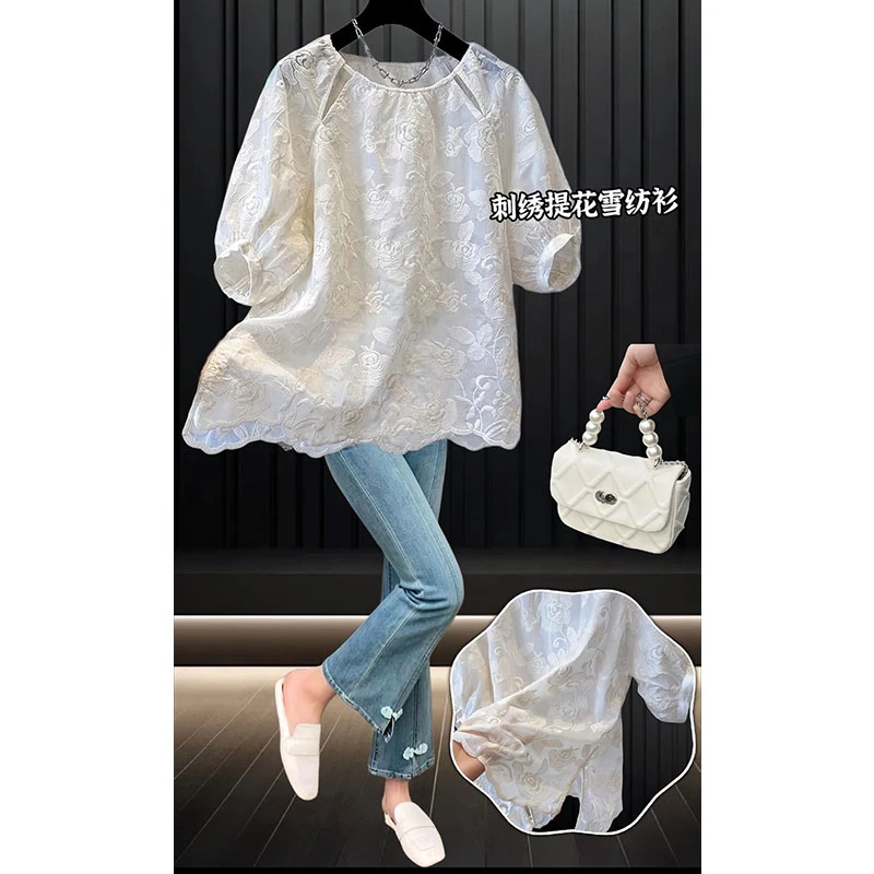 短袖衬衫女2025年夏季新款胖妹妹设计感小众泡泡袖刺绣上衣高级感