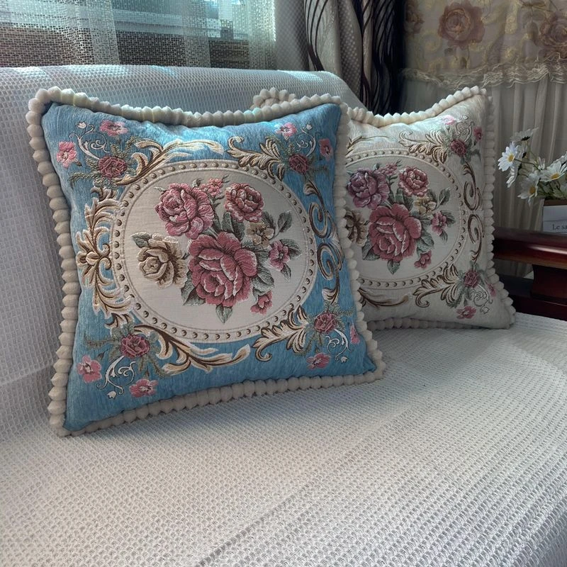 欧式沙发抱枕客厅靠垫腰枕提花雪尼尔高档刺绣浮雕方形靠枕可拆洗