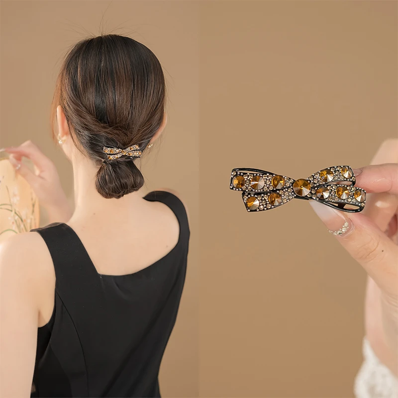 ale优雅迷人轻奢咖棕色水钻蝴蝶结小发夹气质复古简约4170791