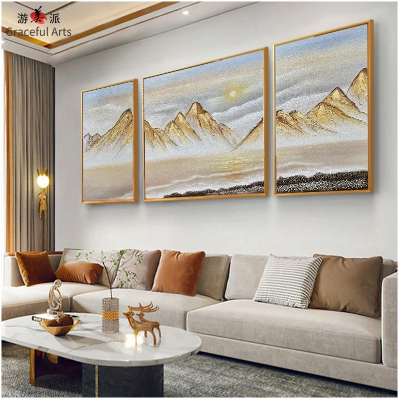 游美派客厅高端挂画背景墙面名创肌理画背靠金山客厅画山水风景画