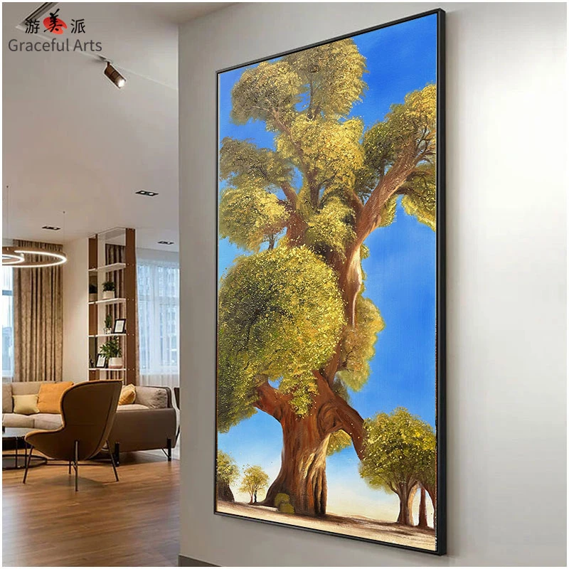 原创绿色吉祥树入户过道中式玄关背景墙挂画当代艺术油画