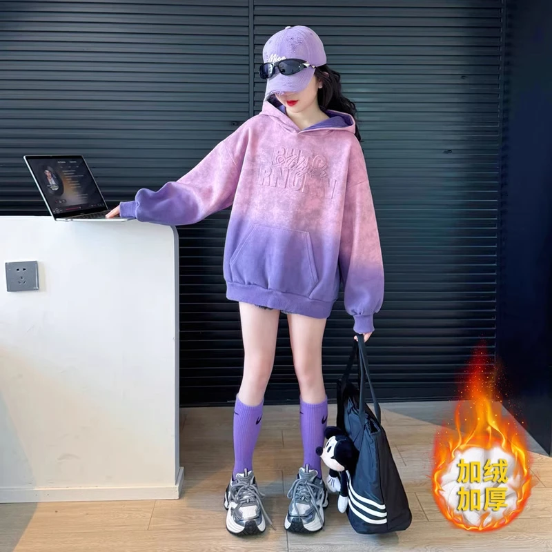 韩版连帽卫衣秋冬加绒加厚2024新款中大儿童长袖宽松上衣女孩秋装