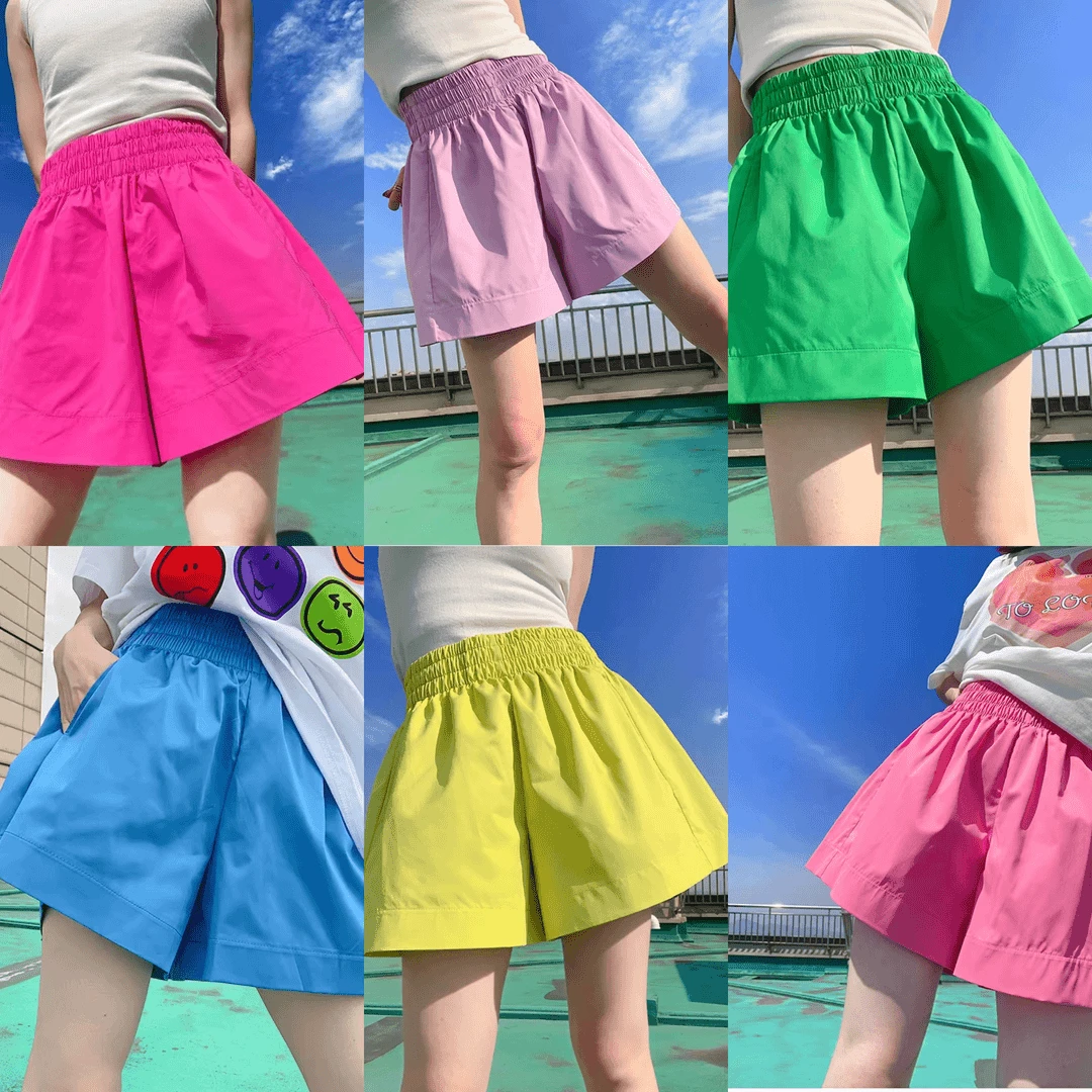 彩色高腰短裤女2025年夏季新款薄款松紧腰宽松显瘦休闲A字阔腿裤