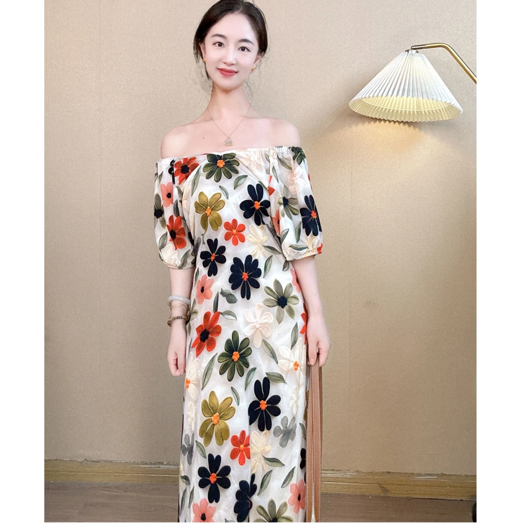 夏季棉绸设计款v领一字肩两穿连衣裙宽松碎花显瘦气质系带长裙女