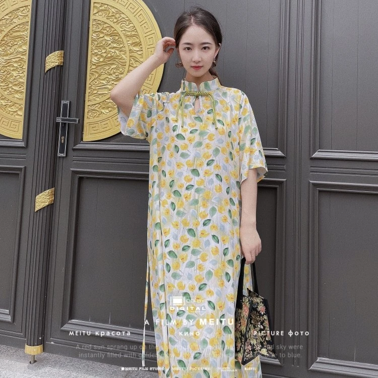 棉绸连衣裙气质中国风立领显瘦长裙文艺小清新时尚系带夏季新中式