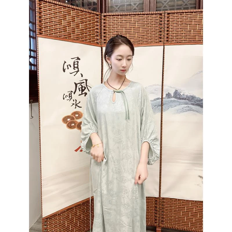 夏季棉绸连衣裙旗袍汉服复古国风古风文艺优雅中式长裙女