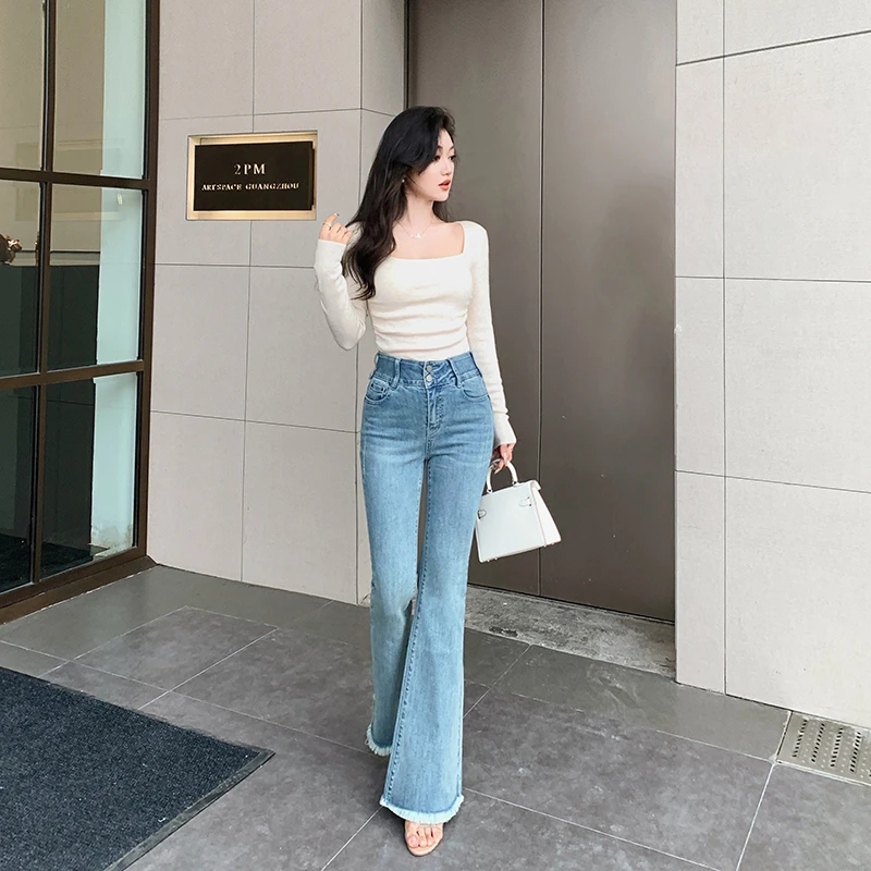 林关关 浅蓝色微喇裤牛仔裤G40216