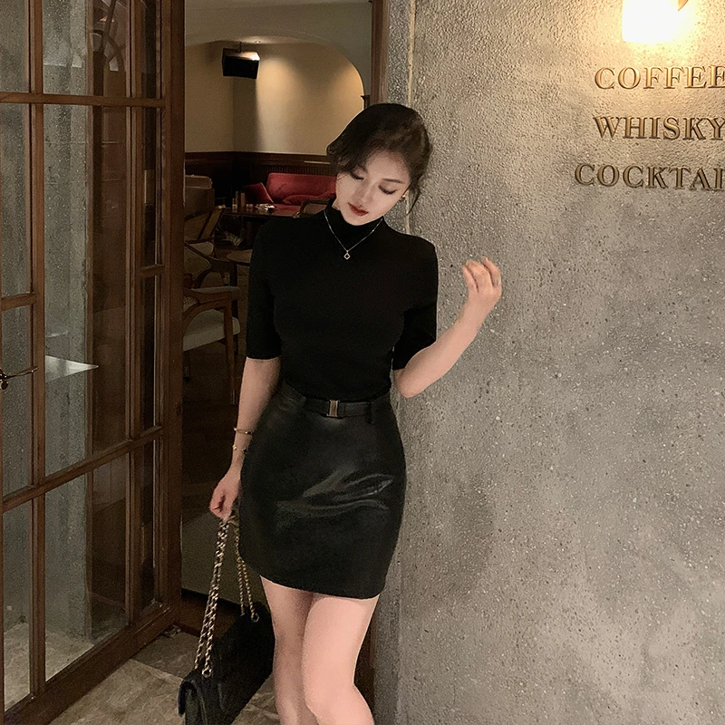 林关关 半高领中袖修身显瘦弹力t恤女春秋季正肩长袖G60316