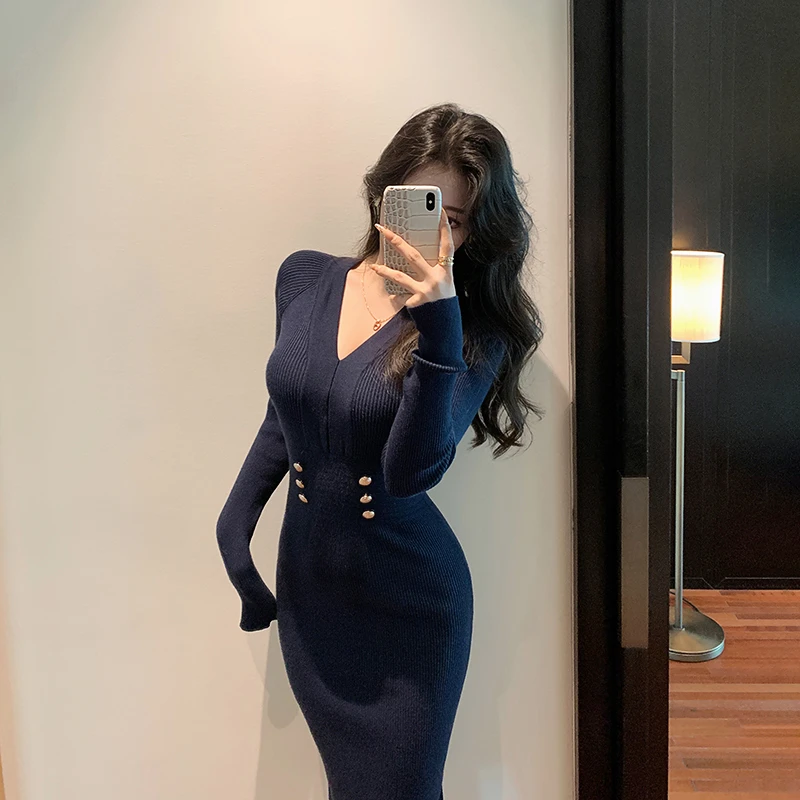 林关关秋季法式包臀裙气质开叉针织连衣裙收腰显瘦长袖裙子80141