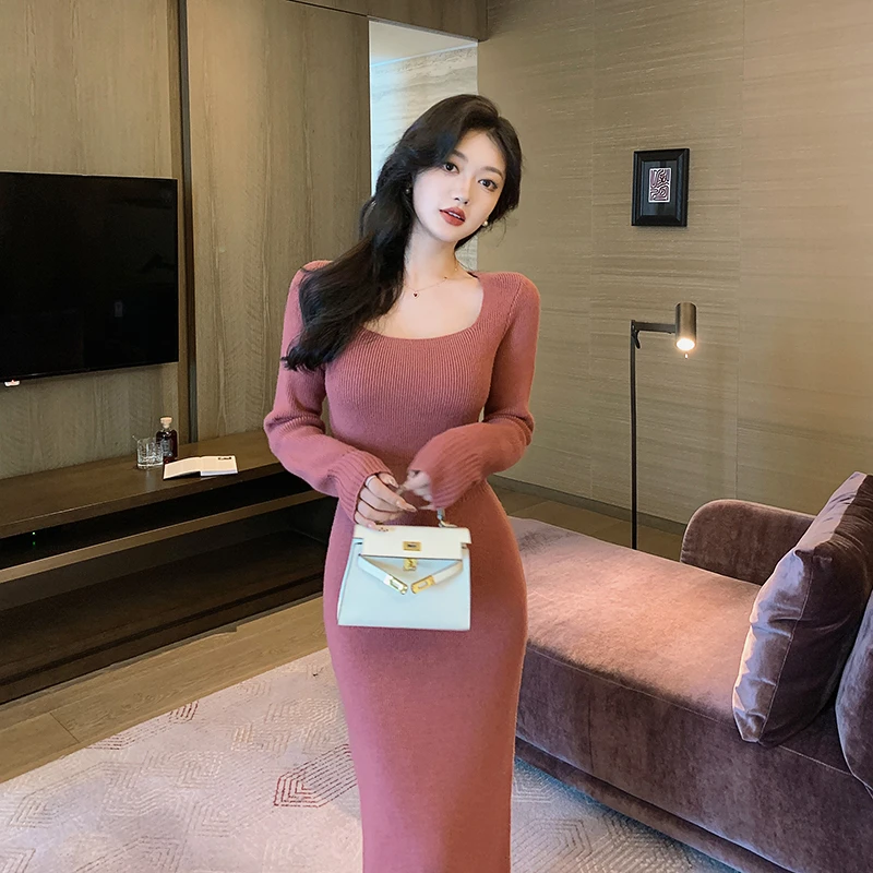 林关关针织连衣裙秋冬气质法式微胖掐腰裙包臀裙长袖连身裙80665