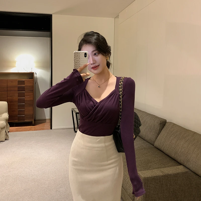 林关关 法式复古方领长袖T恤女秋修身独特别致设计感上衣G51406