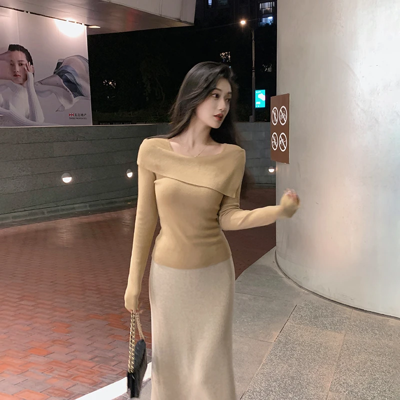 林关关 基础百搭露肩两穿纯色针织上衣G50256