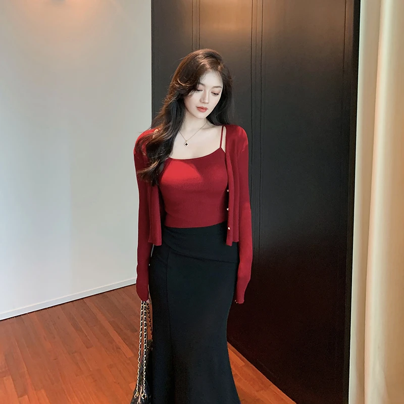 林关关复古红色针织套装女两件套吊带开衫外套外搭毛衣上衣53481