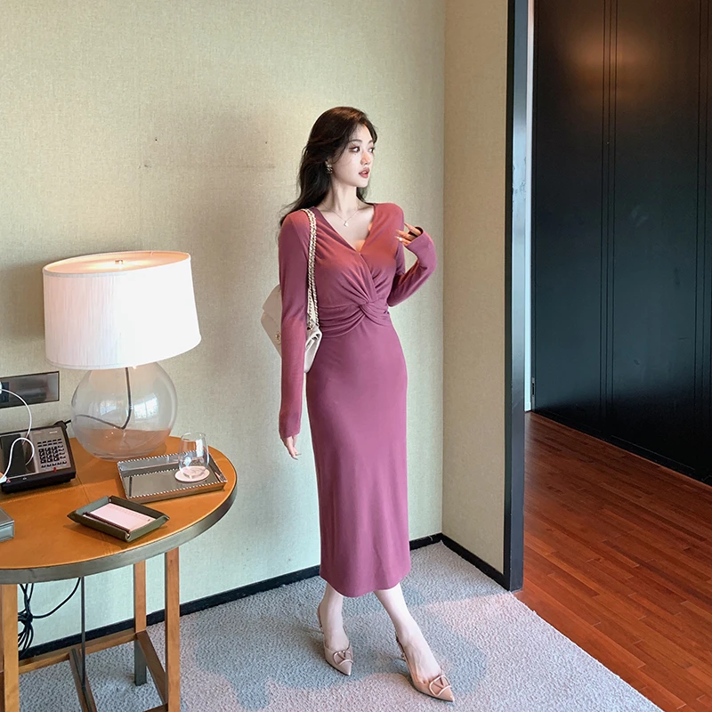 林关关秋季交叉内搭外穿连衣裙秋冬新款气质修身气质裙子80495