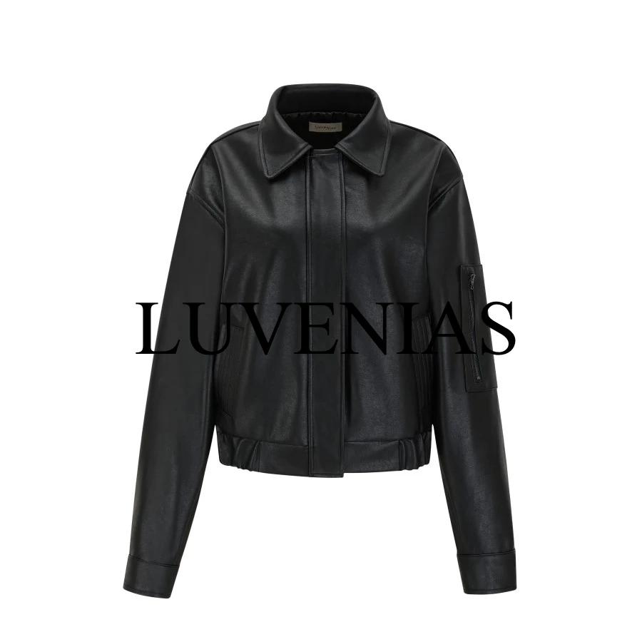 Luvenias复古黑色秋冬翻领时尚皮衣外套百搭修身真皮显瘦女夹克