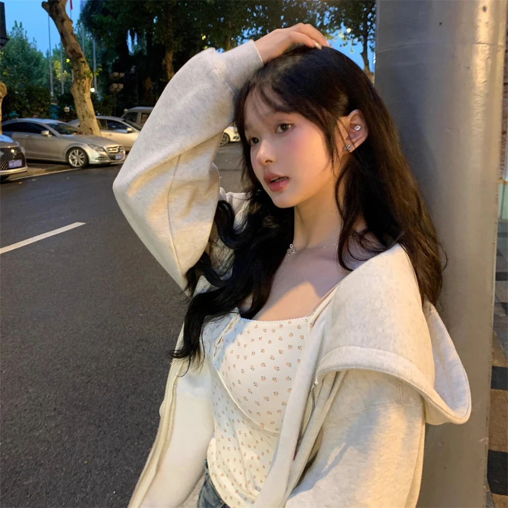 韩版学院风奶灰色连帽卫衣外套女春秋薄款小个子宽松开衫拉链上衣