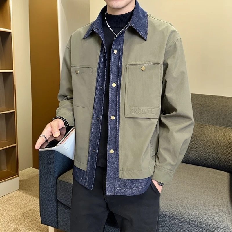 男士秋季新款男士牛仔拼接假两件时尚帅气翻领青年翻领夹克