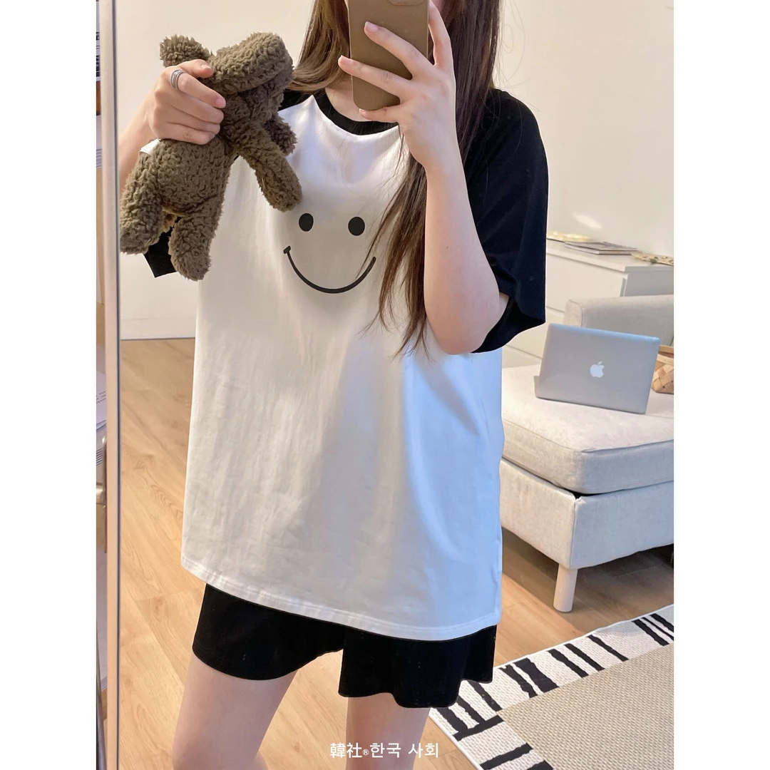 卡通笑脸撞色家居服套装夏季新款休闲宽松圆领夏天短袖睡衣时尚