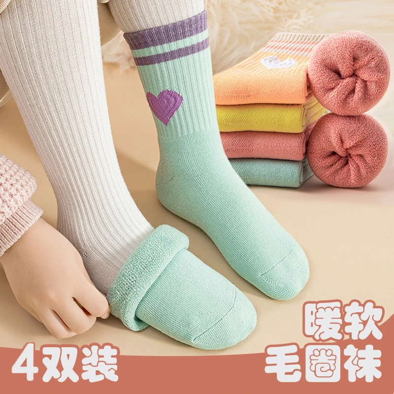 儿童毛圈袜子女童冬季高筒可爱公主秋冬中长筒棉宝宝学生运动潮袜