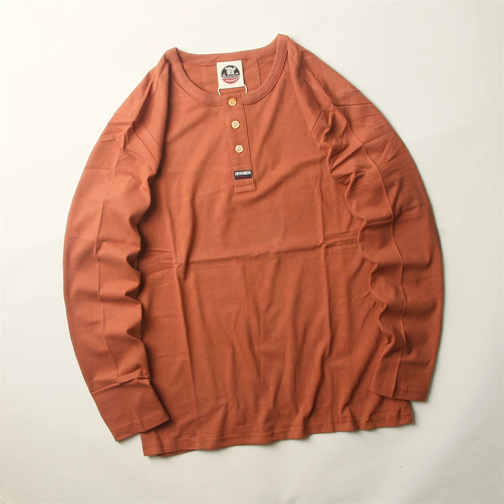 100纯棉亨利领长袖T恤男秋冬内搭美式复古男士纯色磨毛打底亨利衫