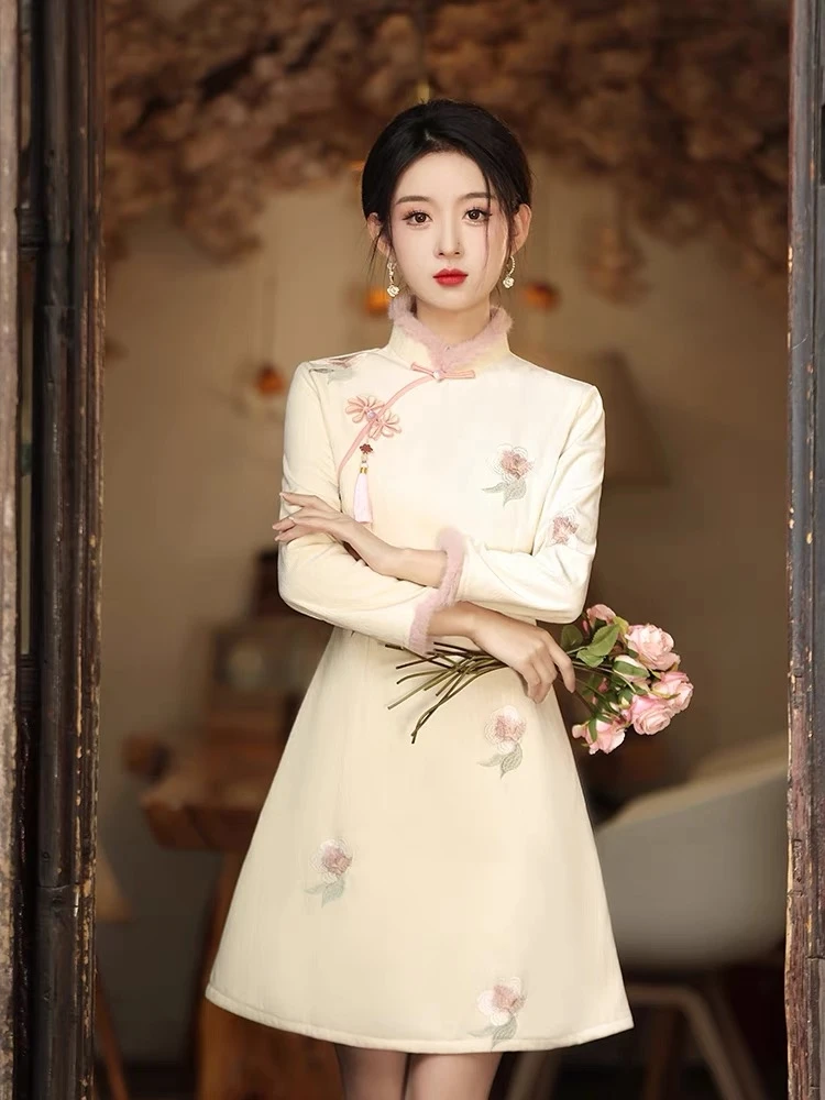 218【沉雁】小个子A版加绒短款旗袍裙