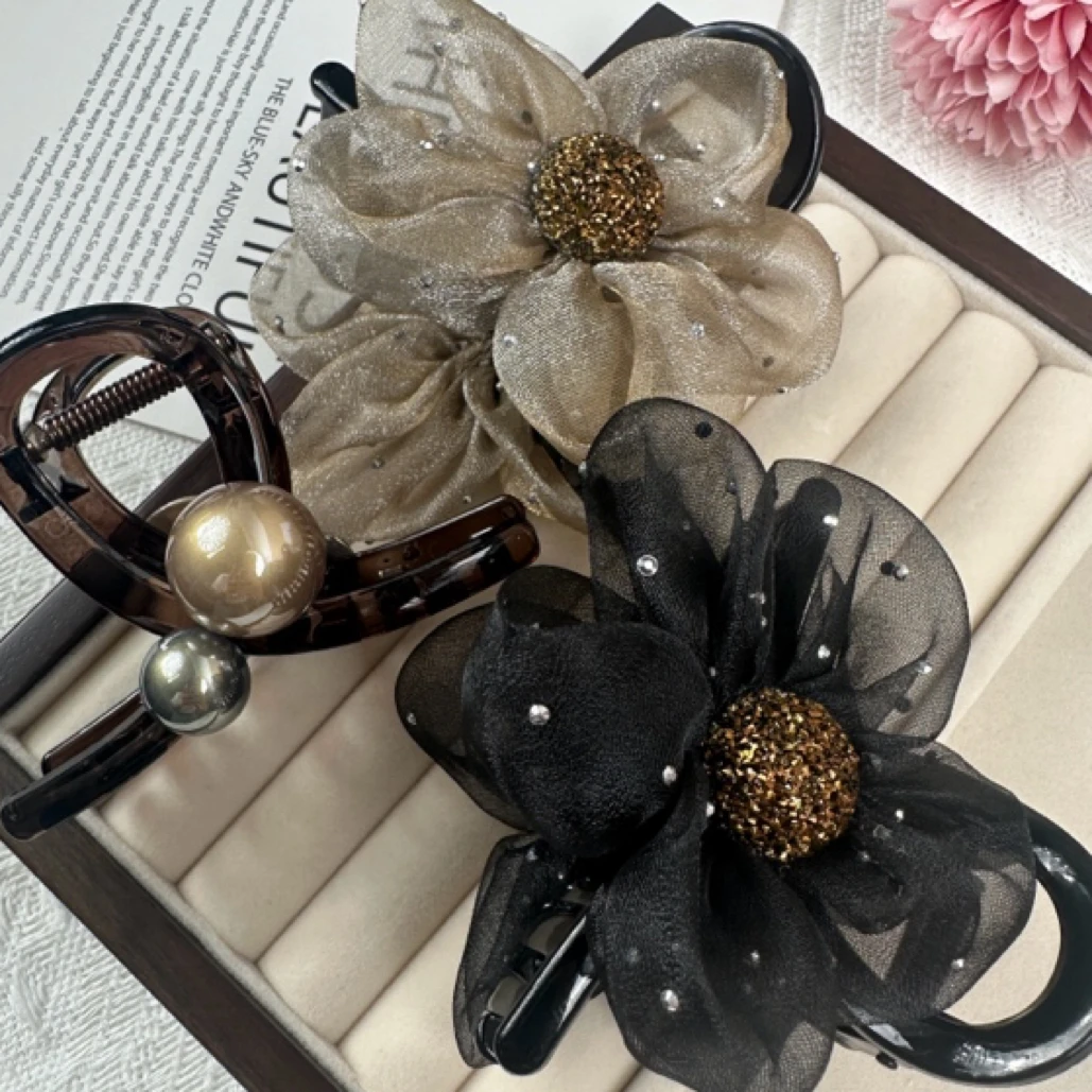 网纱水钻太阳花朵抓夹女高级感2024新款盘发鲨鱼夹后脑勺半扎发夹