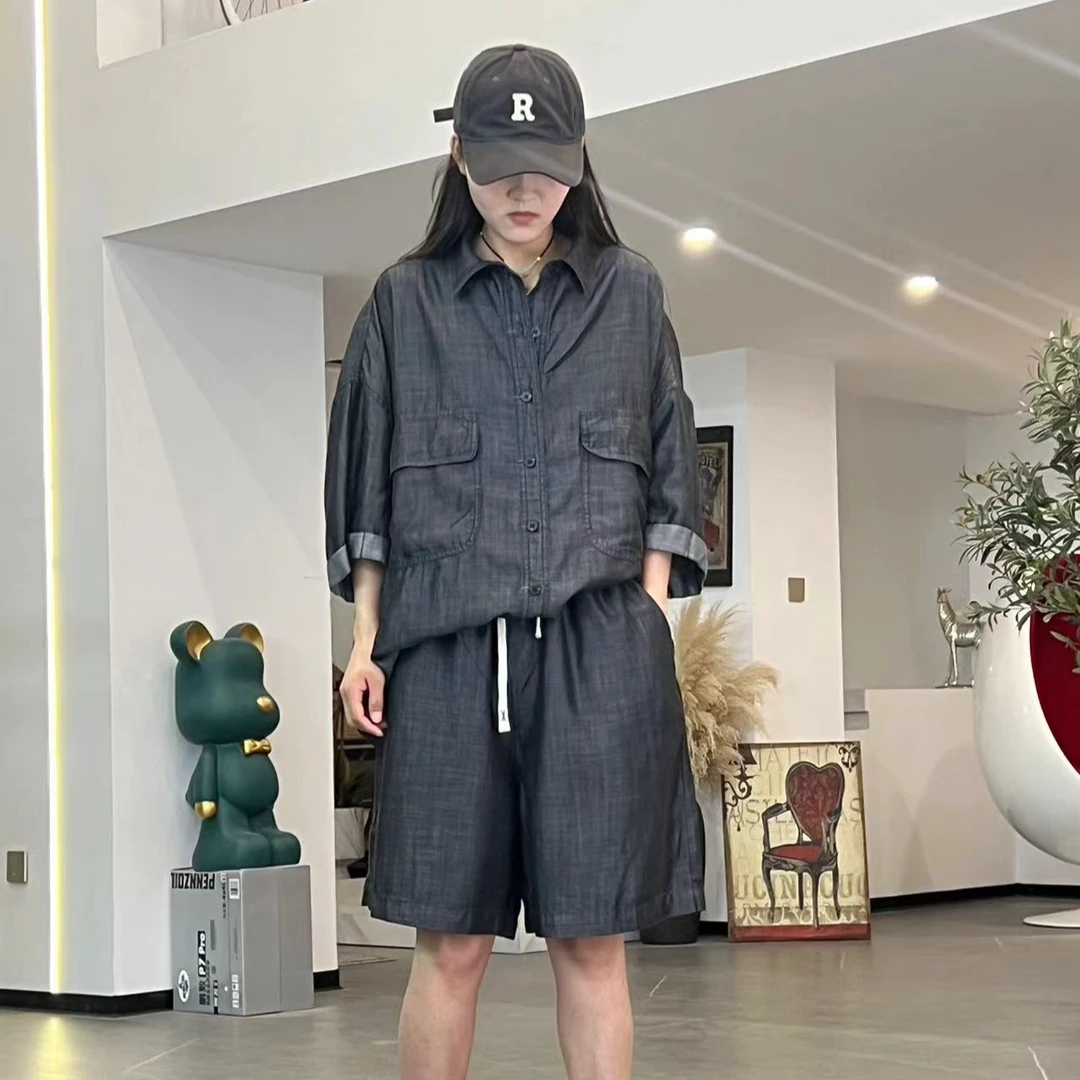 【表姐精选】2024夏季新款时尚休闲百搭天丝牛仔短袖套装