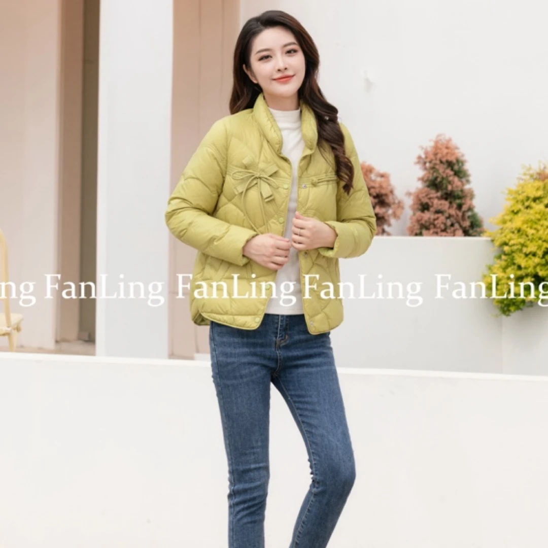 F22507冬季短款轻薄保暖蝴蝶结白鸭绒羽绒服外套女