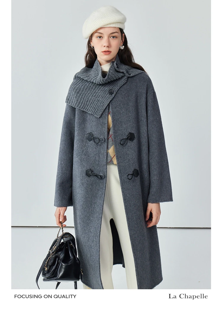 893 2024年秋冬品牌撤柜新品时尚皮扣针织围脖大衣长款双面外套