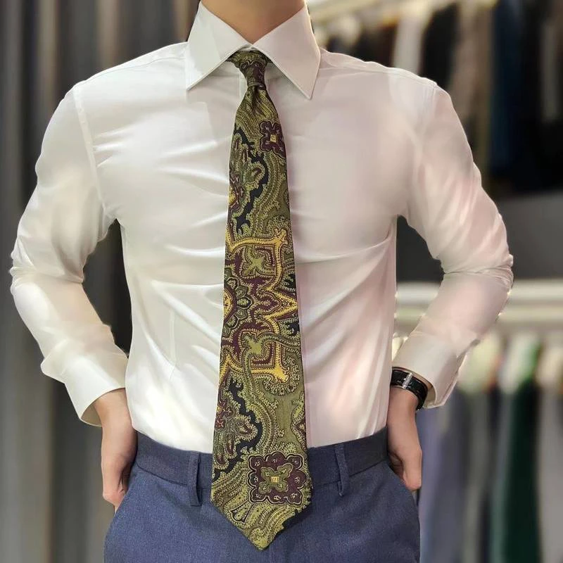 四季商务绅士男士宽角领白色纯色修身衬衫衬衣高棉意式领宴会婚礼