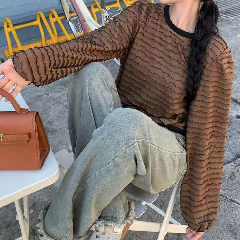 8787新款时尚宽松圆领坑条纹毛边下摆绑绳收腰套头显瘦长袖上衣