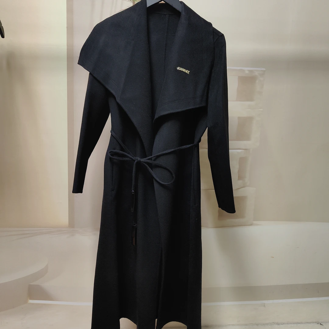 9956-1/-2新款时尚高端宽松大翻领绑绳收腰长款双面毛呢大衣外套