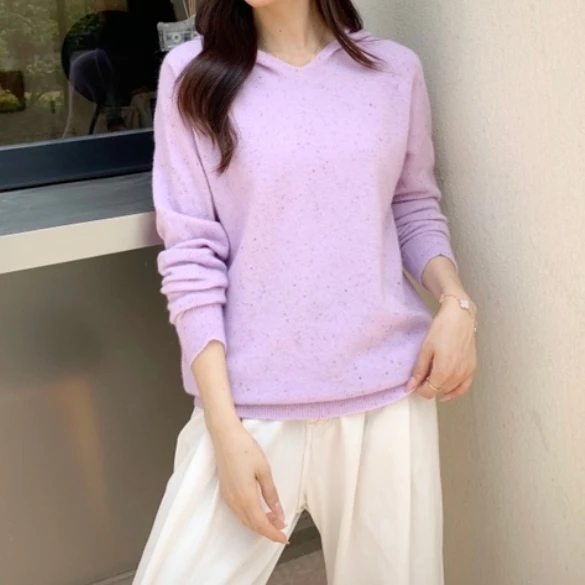 1107#新款时尚宽松彩点无缝连帽套头百搭长袖羊毛衫毛衣